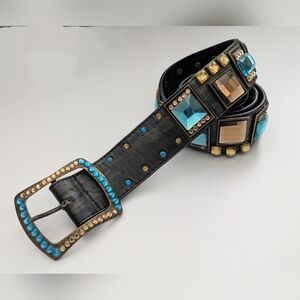 Black Leather Belt w/Colorful Glam Embellishments & Accents Blue/Green & Gold